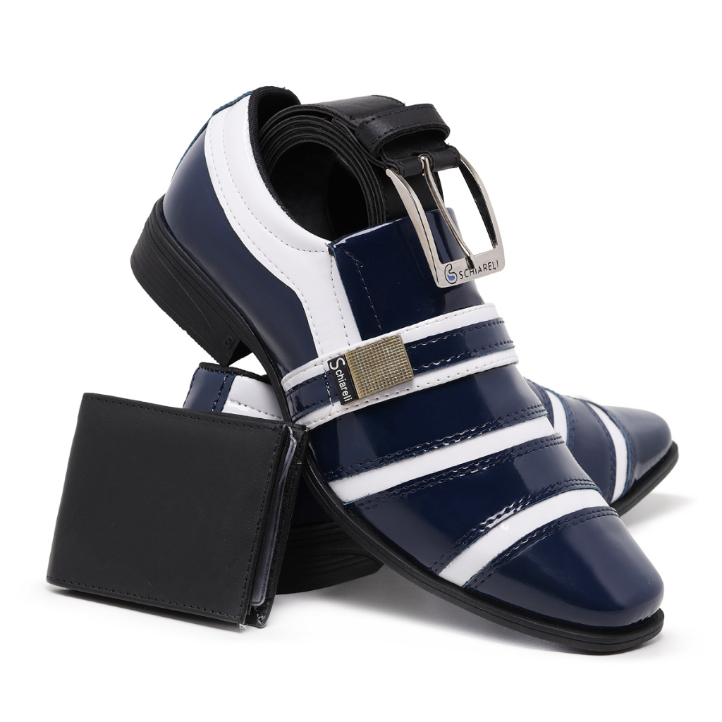 Kit Sapato Social Italiano 853 Azul Marinho Branco Com Cinto E Carteira Masculino Verniz Brilho