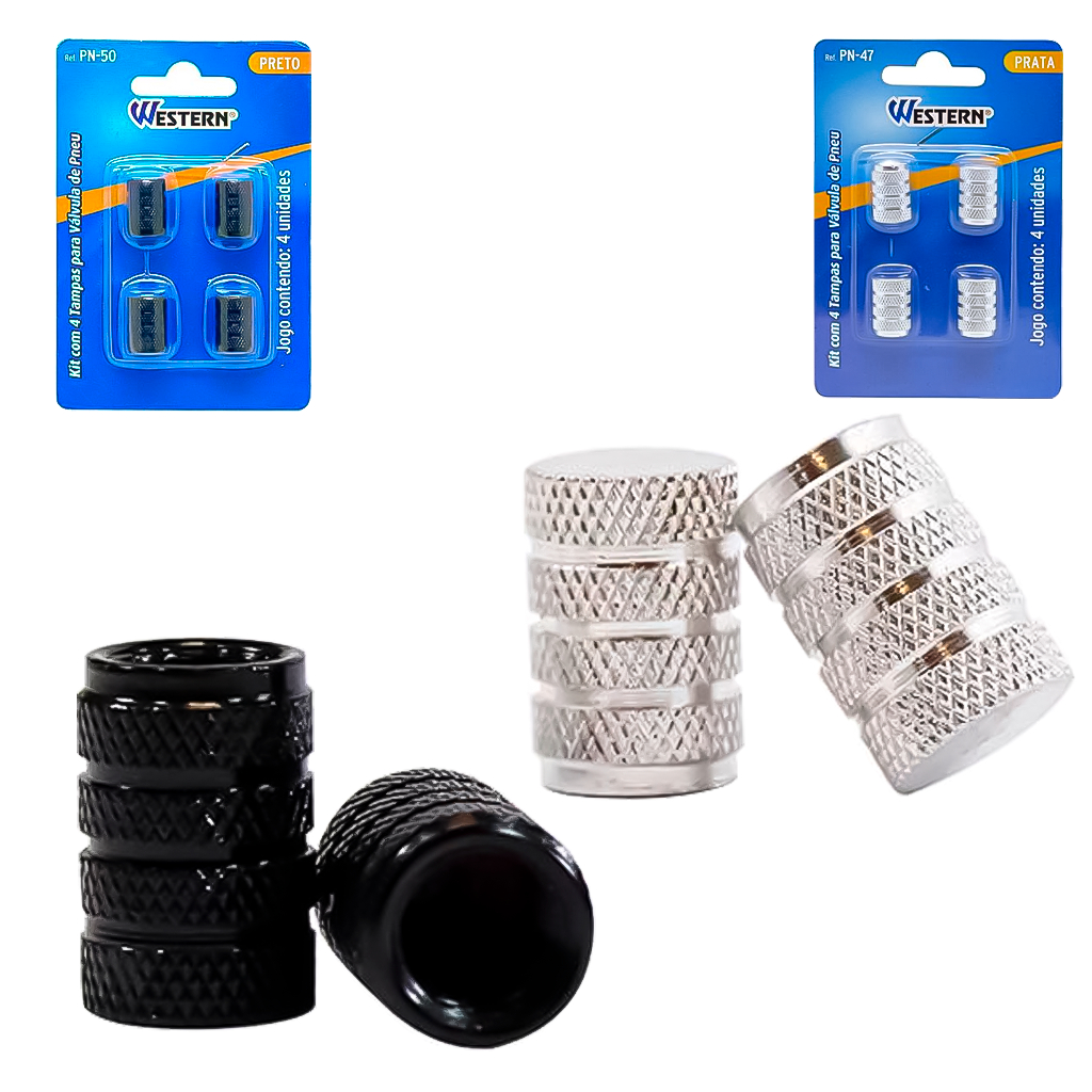 Jogo C/ 4 Tampas P/ Válvula De Pneu Em Alumínio Cromado - Preto em Oferta na Shopee