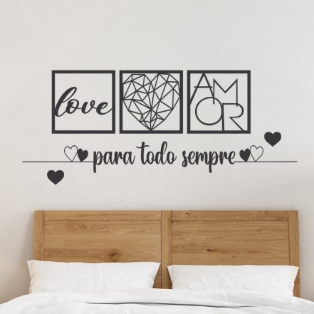 KIT 3 Quadros Para todo Sempre, Love e Coração Geométrico Amor + 2 Mini Apliques de Coração Frase de Parede Religioso MDF Preto C/Dupla Face