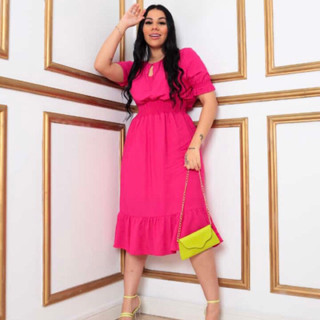 Vestido Midi Tecido Viscolinho Liso Forrado Botão na Gola Moda Feminina
