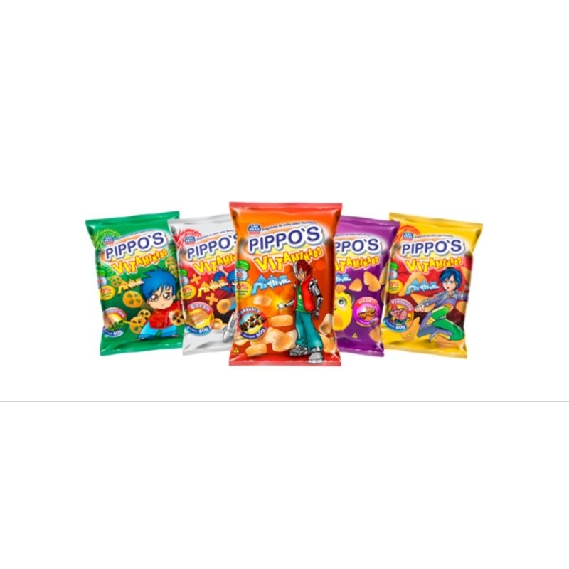 salgadinho pippos anime 60g - kit com 40 unidades - sabores cebola, churrasco, Bacon e pizza