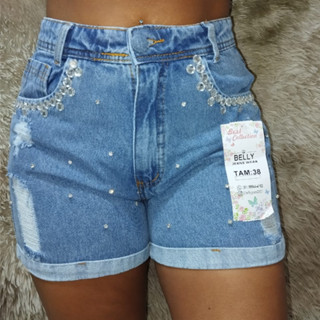 SHORT JEANS FEMININO COM PEDRARIAS DE BOLSO MODA