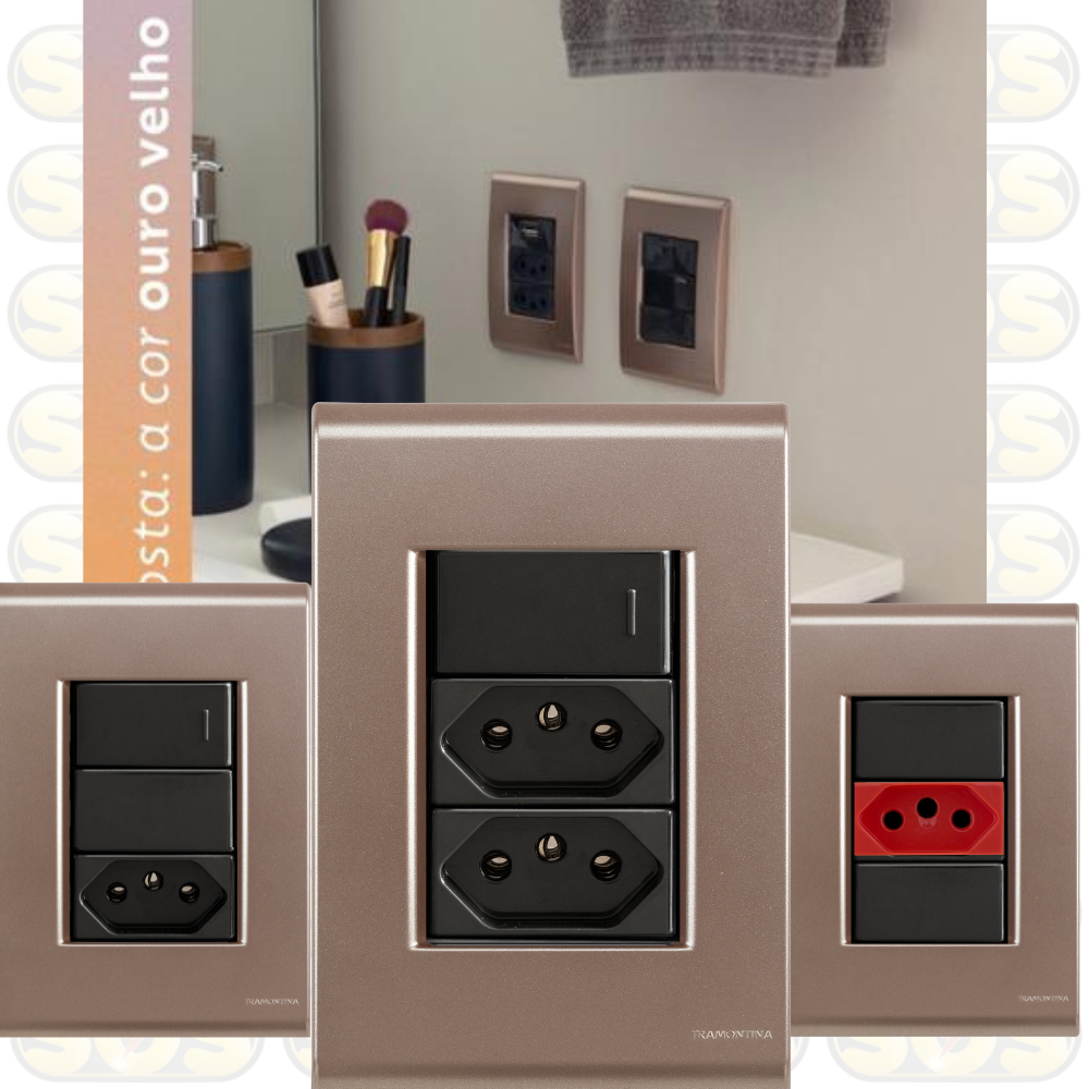 CONJUNTO OURO VELHO COM MÓDULOS TOMADA, INTERRUPTOR, PLACA CEGA, RJ45 OU RJ11 GRAFITE LIZ TRAMONTINA