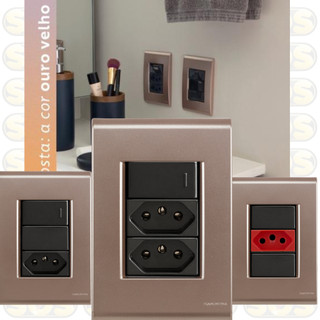 CONJUNTO OURO VELHO COM MÓDULOS TOMADA, INTERRUPTOR, PLACA CEGA, RJ45 OU RJ11 GRAFITE LIZ TRAMONTINA