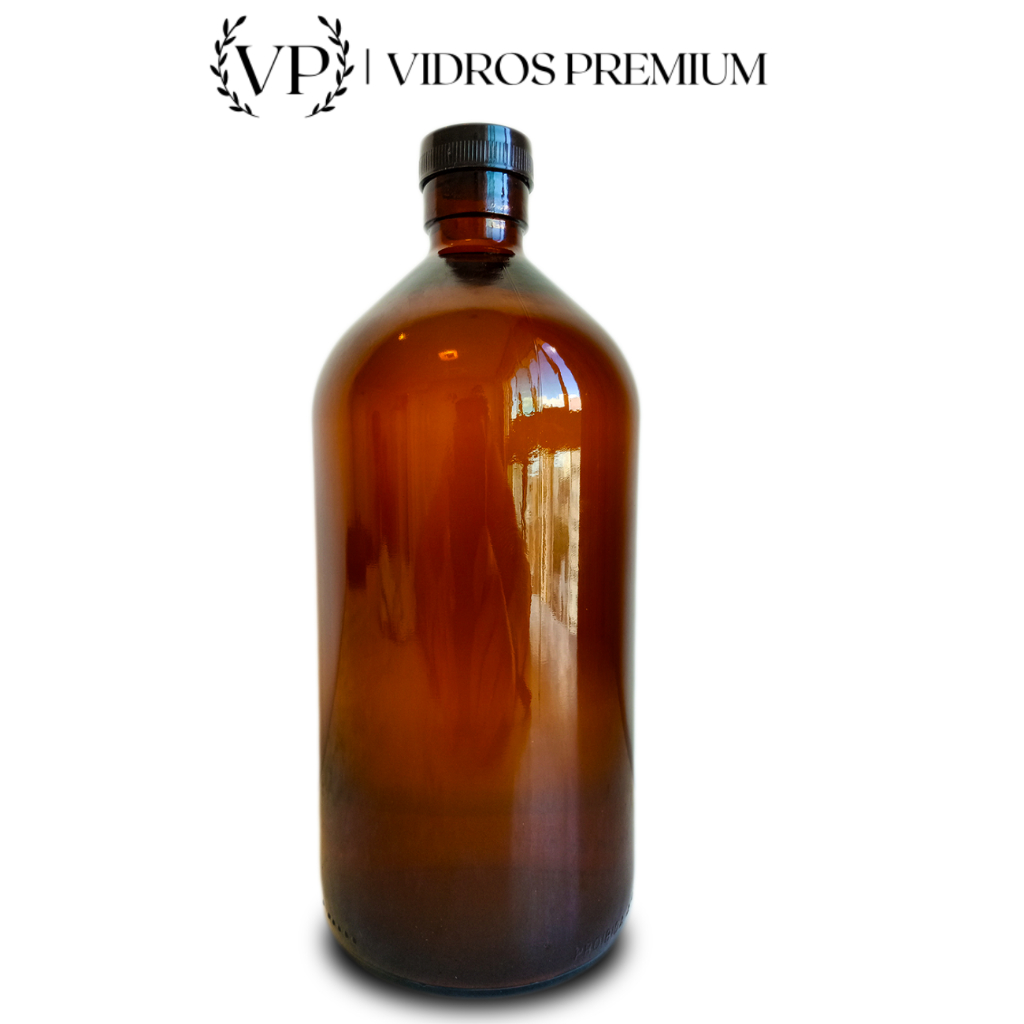 Vidro Âmbar 1 LItro 1100ml Growler Escuro Com Tampa Preta + Batoque Vidros Âmbar Premium