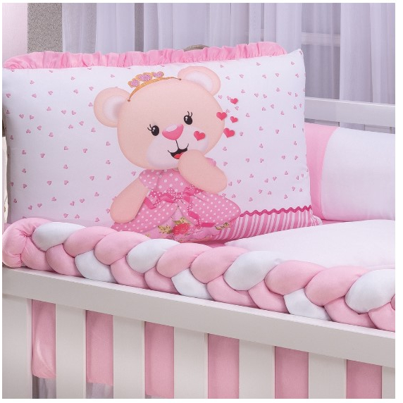 Kit Berço Americano Ursinha Carinhosa 10 Peças com Trança e Mosquiteiro