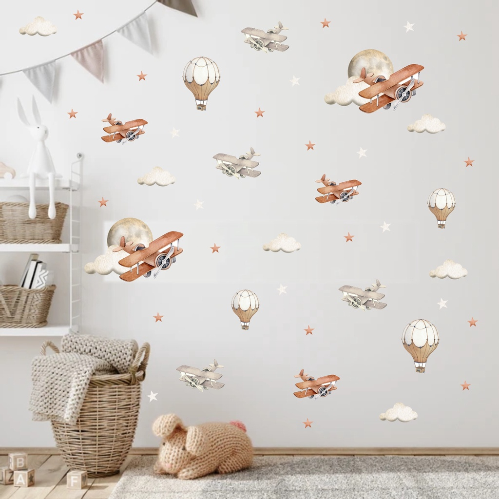 Adesivos Parede Infantil Avião Aviões Vintage Nuvens Estrela Quarto decoração bebê