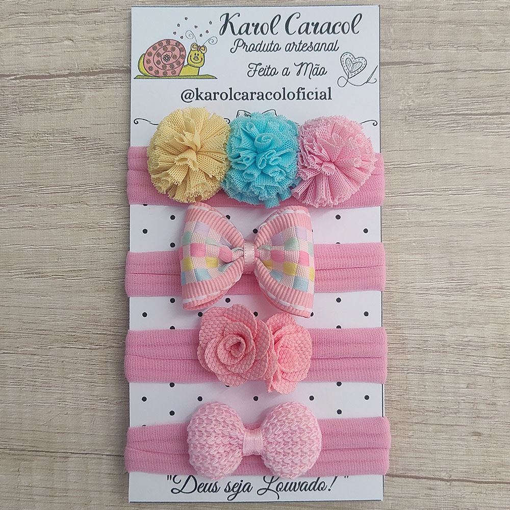 Kit 04 Faixas Acessório de Cabelo Para Bebê Menina Caracol