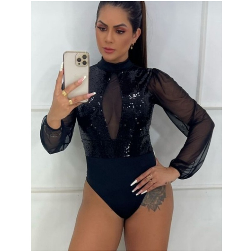 Body Paete Paetê Manga Longa Bufante e Decote Tule Brilho Gola Alta e Bojo Moda Festa Balada Gringa em Oferta na Shopee
