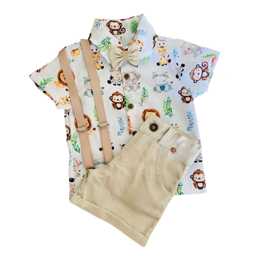 Conjunto Temático SAFARI BABY Infantil Roupa Menino conjunto Camisa Gravata Bermuda Suspensórios