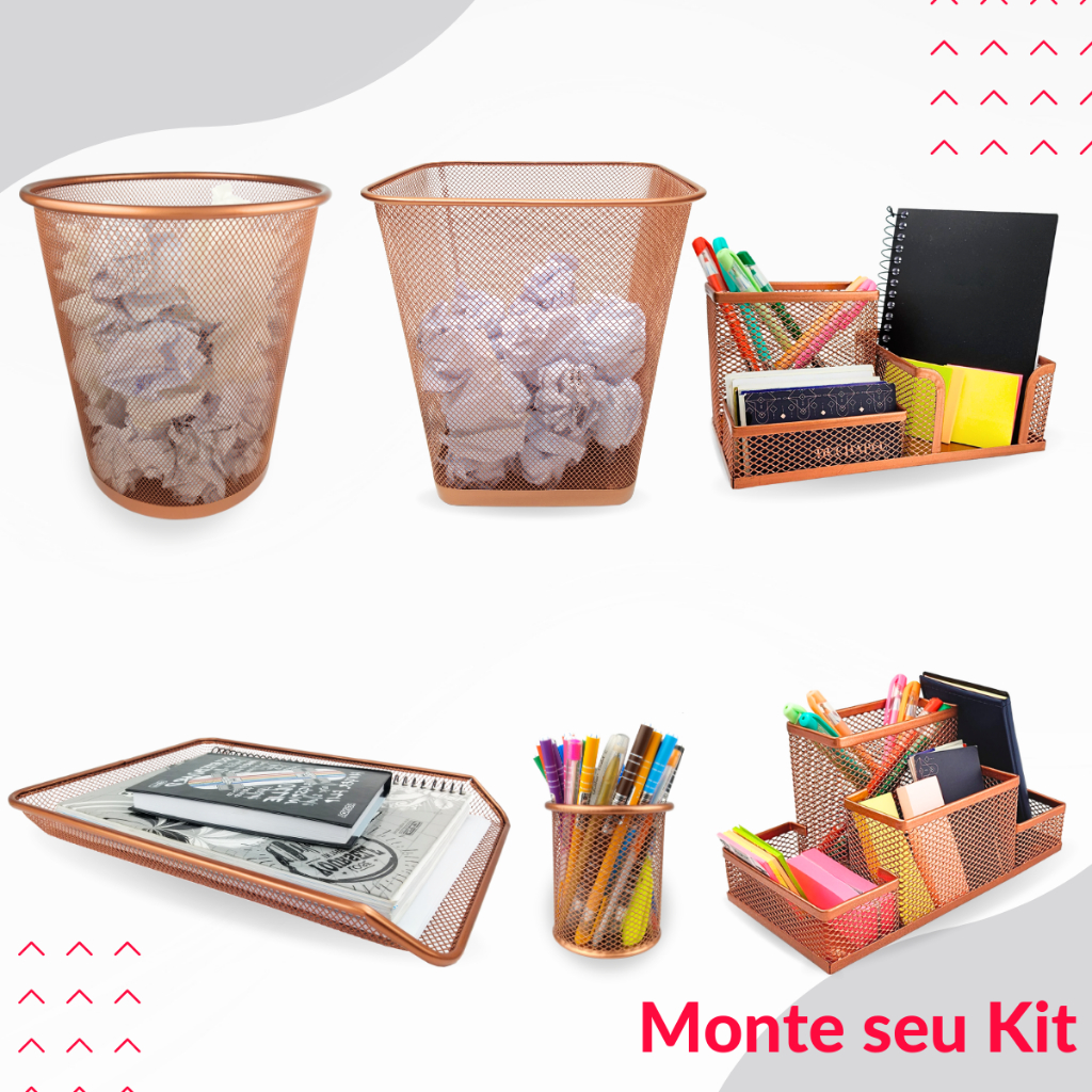 Kit Escritório Rose Gold | Organizador - Lixeira - Porta Caneta - Bandeja | Monte seu Kit