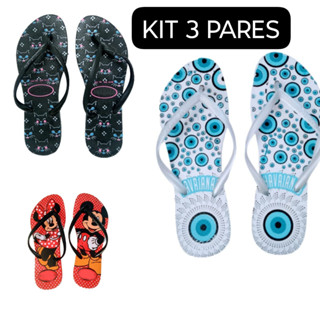 Kit 3 Pares Sandália Chinelo Feminino Slim Personagens Mickey Minnie Gatinhos Olho Grego
