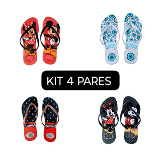Kit 4 Pares Sandália Chinelo Feminino Estampado Mickey e Minnie Olho Grego AncoraSlim Promoção