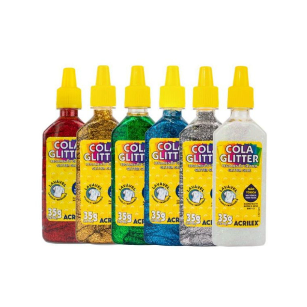 Cola Glitter 35g (Azul, Cristal, Ouro, Prata, Verde e Vermelho) Lavável - Acrilex em Oferta na Shopee