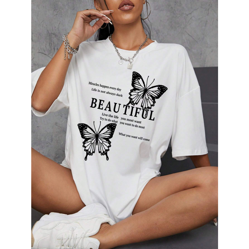 Camiseta Beautiful Borboletas Milagres Oversized Feminina Manga Curta Motivação Casual Vibe
