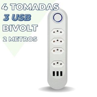 Extensão de 4 tomadas Bivolt Com 3 Usb / CABO 2 Metros Botão Liga e desliga
