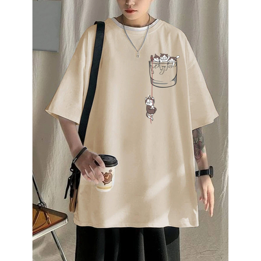 Camiseta Gatinhos No Copo Oversized Streetwear Ombro Caido Unissex Top