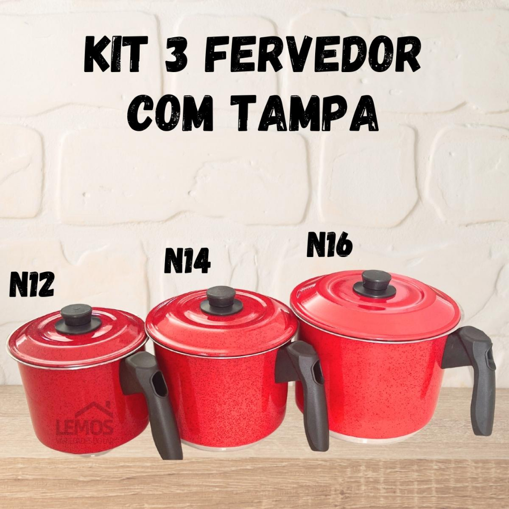 Jogo Conjunto 3 Peças Fervedor Caneca Leiteira Com Tampa Vermelha Em Alumínio N12-14-16