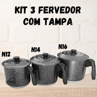 Jogo Kit 3 Peças Caneca Leiteira Fervedor Com Tampa Preto Craqueado Em Alumínio N12-14-16 em Oferta na Shopee