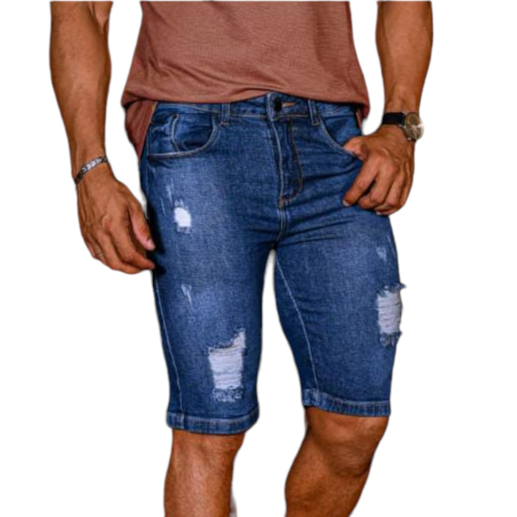 Short Masculino 38 ao 46 Jeans Destroyed Rasgado Bermuda com Elastano