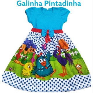Vestido Festa Manga Curta Personagem Infantil menina galinha pintadinha