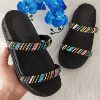 Sandália Plataforma Papete Birken Com Tira De Strass Colorido Solado Confortável Lançamento Ref:Duas tiras
