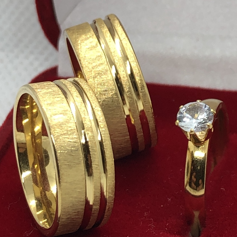 Par De Aliança Com Anel Solitário e Caixa Veludo Vermelha Casamento Grossa Noivado Comprom...