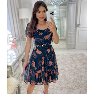 vestido midi no tule estampado manga curta princesa, saias 2 maria corpo forrado, acompanha cinto do mesmo tecido moda evangélica