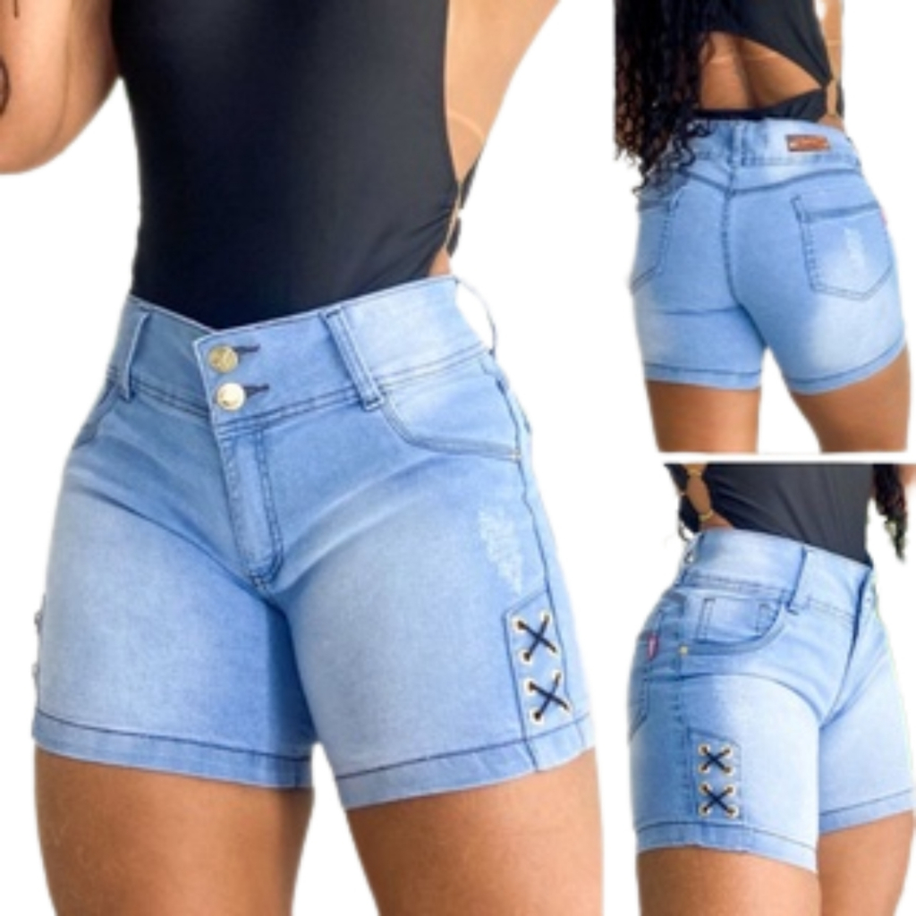 Short Jeans Meia Coxa com Lycra Bermuda Feminina Detalhe em Ilhós Jeans Feminina modelo Ciclista