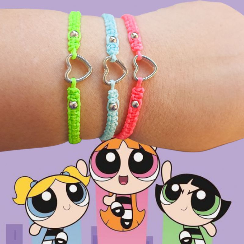 Trio de Pulseiras 'As Meninas Superpoderosas' - Amizade, Pingente de Coração, Acessório Personalizado