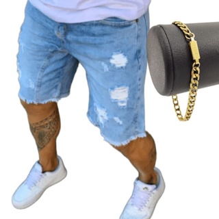 Bermuda Jeans Masculina Rasgada Clara C/ Lycra + Pulseira 18k Promoção em Oferta na Shopee