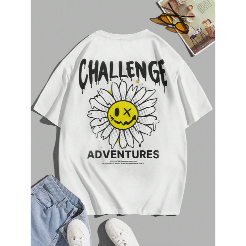 Camiseta Challenge Adventures Frente Costas Oversized Unissex Manga Curta Streetwear Style