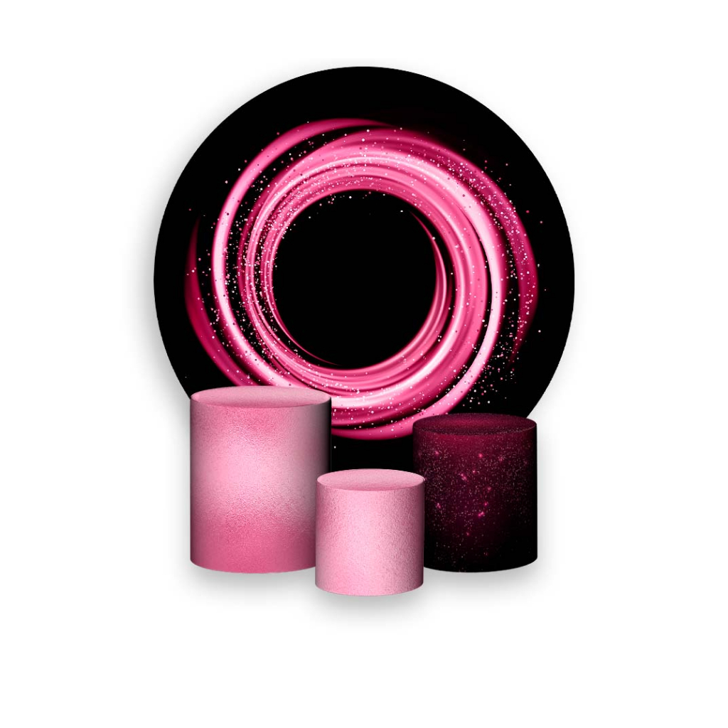 Painel De Festa Redondo + Trio De Capa Cilindro - Preto Com Efeito Glitter Rosa 054