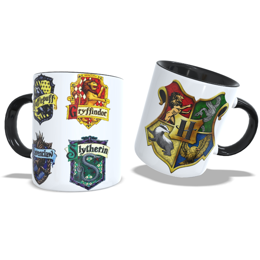 Caneca Cerâmica/Porcelana 325ml - Harry Potter Bruxo Bruxa Trouxa Escola de Magia Bruxaria Hogwarts Godrico Gryffindor, Helga Hufflepuff, Rowena Ravenclaw e Salazar Slytherin Grifinória, Lufa-Lufa, Corvinal e Sonserina.