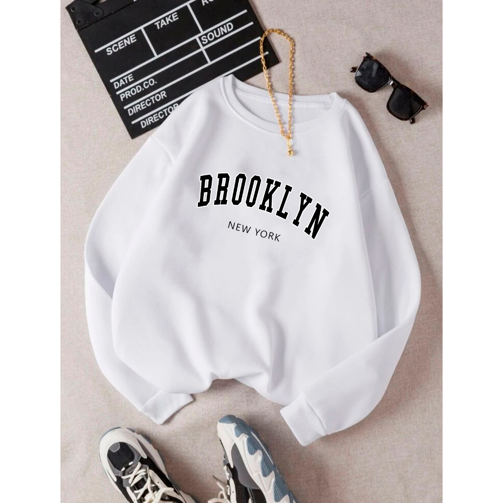 Detalhes do Moletom Gola Redonda Blusa Frio Básico Careca Casaco Feminino Masculino Flanelado Algodão Brooklyn