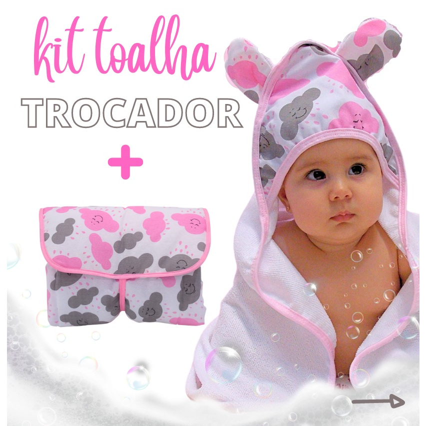 kit Toalha de Banho Infantil com Capuz + Trocador de Fraldas Portátil - Várias Estampas