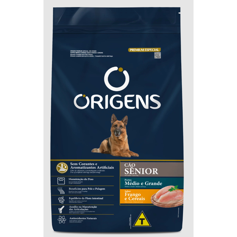 Ração Origens Cães Sênior Porte Médio e Grande Sabor Frango e Cereais 15kg Adimax - Pets