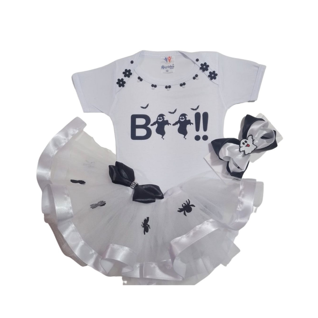 Fantasia Halloween Festa Dia Das Bruxas Roupa P/ Bebê Menina Conjunto Temático Infantil Body Fantasminha, Saia Tutu E Laço