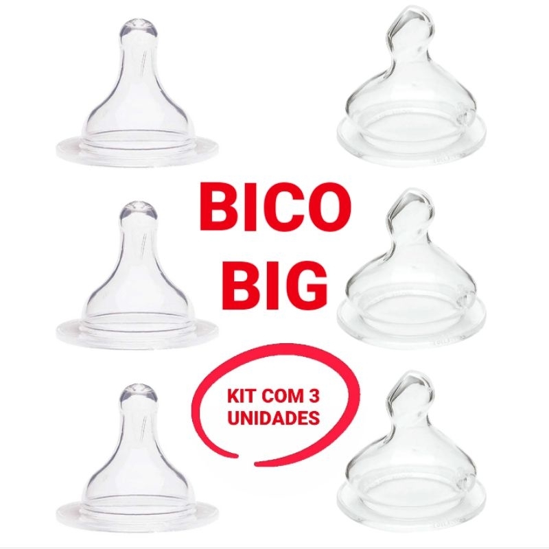 kit com 3 Bico de Mamadeira Big Redondo ou Ortodôntico