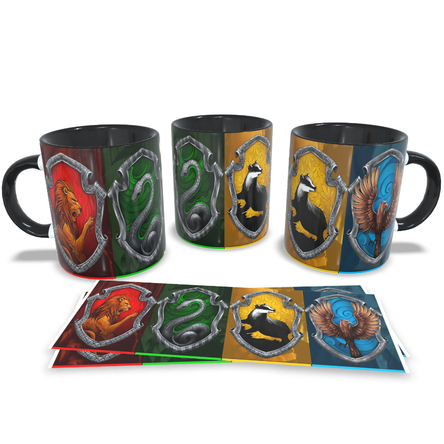 Caneca Cerâmica/Porcelana 325ml - Harry Potter Bruxo Bruxa Trouxa Escola de Magia Bruxaria Hogwarts Godrico Gryffindor, Helga Hufflepuff, Rowena Ravenclaw e Salazar Slytherin Grifinória, Lufa-Lufa, Corvinal e Sonserina
