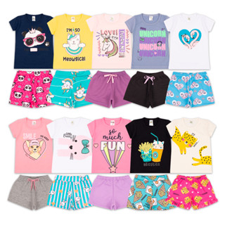 Kit Sortido 8 Peças de Roupas Infantil Menina - 4 Camisetas + 4 Bermudas - Promoção - Kit com 4 Conjuntos de Roupa Infantil Menina Verão Feminino Bebe Barato