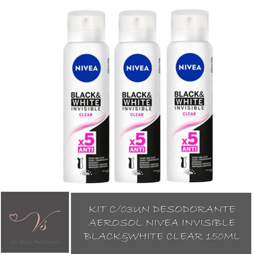 Kit com 03un Desodorante Antitranspirante Aerosol Nivea Invisible Black&White Clear 150ml