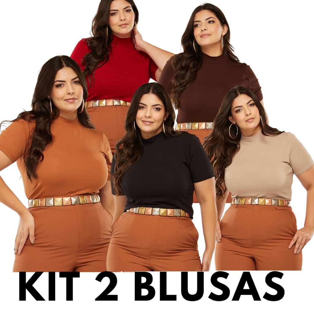 Kit 2 Blusa Lisa Gola Alta Plus Size Estilosa Malha Elegante GG em Oferta na Shopee