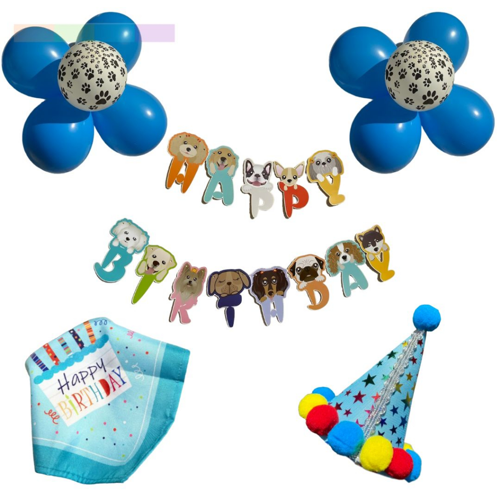 Kit Completo Aniversario Festa para Cachorro Simples Chapéu Bandana Bexiga Faixa Balões