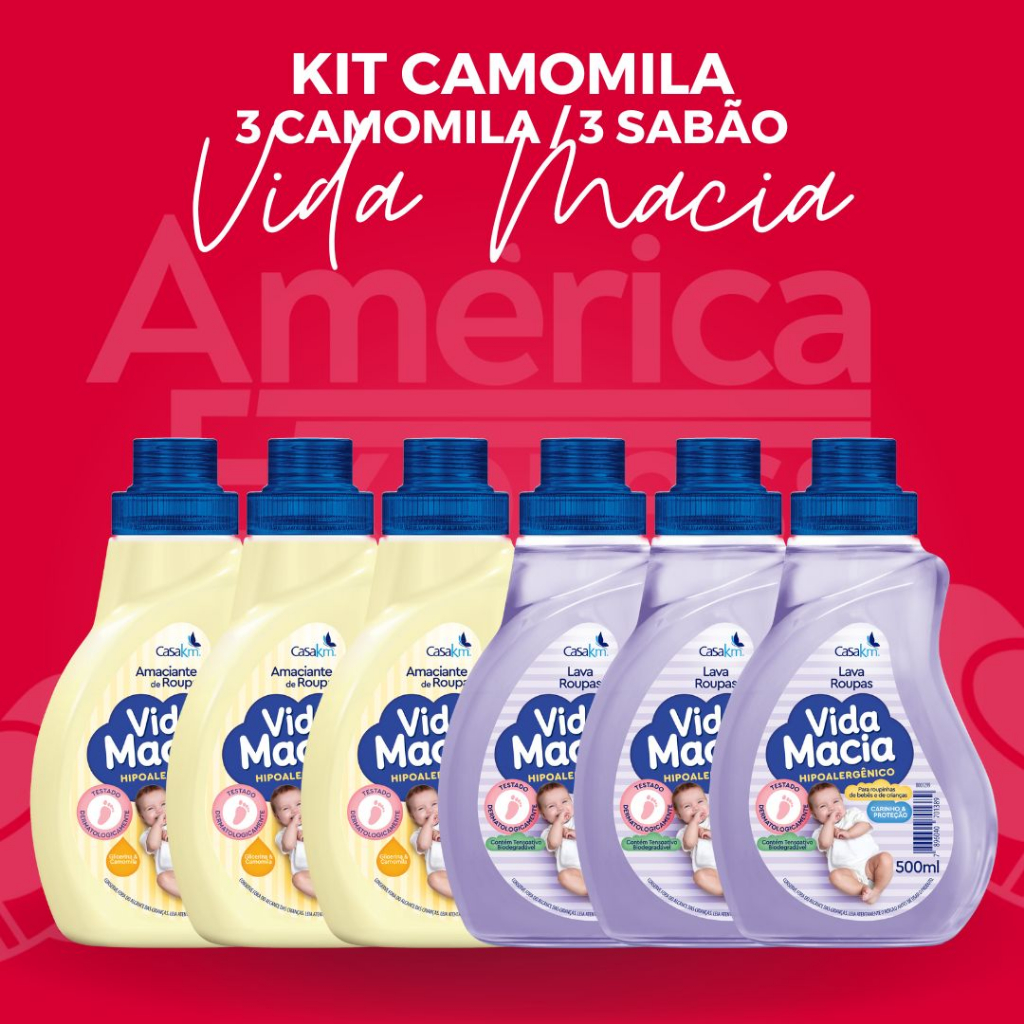 Kit Vida Macia 500ml Bebê 3 Lava Roupas  liquido + 3 Amaciante Camomila
