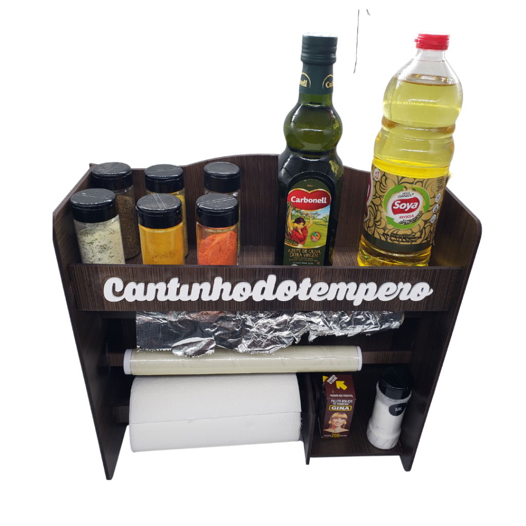 Porta tempero parede - porta papel toalha, alumínio, plástico filme e palito de dente+etiquetas