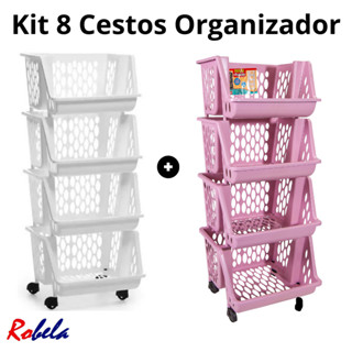 Kit 8 Cestos Fruteira de Châo Organizador de Brinquedos Lavanderia Modular com Rodinhas