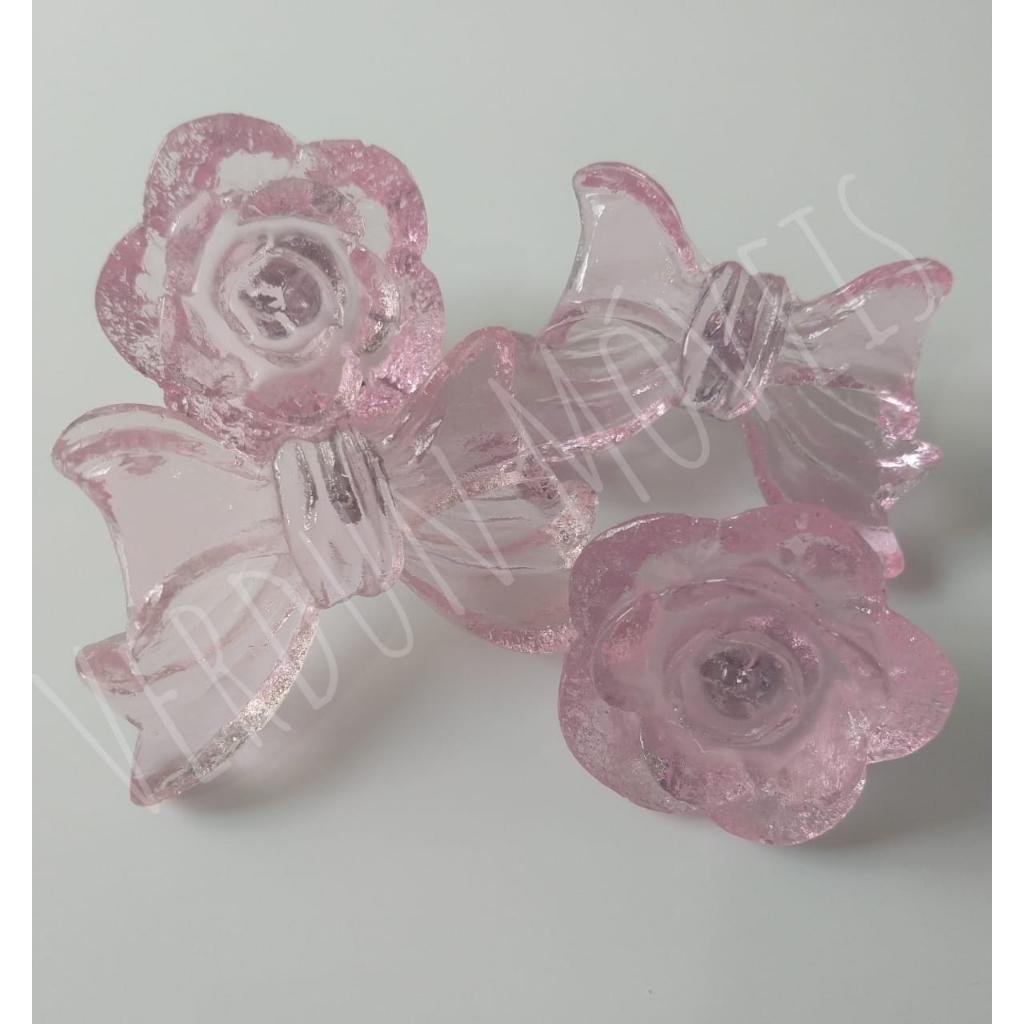 Kit 6 Puxadores 2 Flor e 4 Laço para Penteadeira Infantil Cômoda Quarto Artesanato Resina Transparente