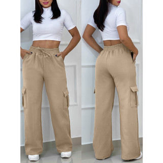 Calça cargo pantalona moletom Flanelada feminino inverno Frio Cintura alta
