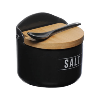 Saleiro De Porcelana Com Tampa De Bambu Porta Tempero Manhattan com Colher de Porcelana